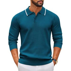 imageCOOFANDY Mens Knit Polo Sweater Casual Long Sleeve Polo Sweater Lightweight Button Down Golf Pullover SweatersBlue Green