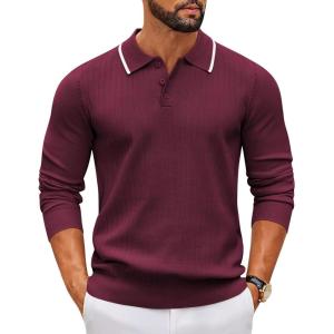 imageCOOFANDY Mens Knit Polo Sweater Casual Long Sleeve Polo Sweater Lightweight Button Down Golf Pullover SweatersDark Red