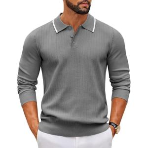 imageCOOFANDY Mens Knit Polo Sweater Casual Long Sleeve Polo Sweater Lightweight Button Down Golf Pullover SweatersGrey