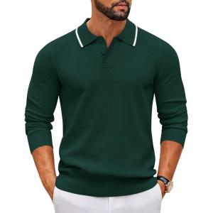 imageCOOFANDY Mens Knit Polo Sweater Casual Long Sleeve Polo Sweater Lightweight Button Down Golf Pullover SweatersLake Green