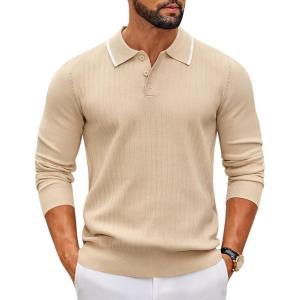 imageCOOFANDY Mens Knit Polo Sweater Casual Long Sleeve Polo Sweater Lightweight Button Down Golf Pullover SweatersLight Brown