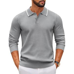 imageCOOFANDY Mens Knit Polo Sweater Casual Long Sleeve Polo Sweater Lightweight Button Down Golf Pullover SweatersLight Grey