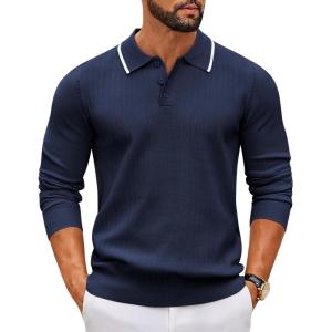 imageCOOFANDY Mens Knit Polo Sweater Casual Long Sleeve Polo Sweater Lightweight Button Down Golf Pullover SweatersMidnight Blue