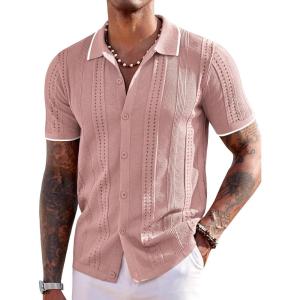 imageCOOFANDY Mens Knit Shirts Short Sleeve Button Down Polo Shirt Fashion Casual Summer Beach ShirtsClassic Dusty Pink  White