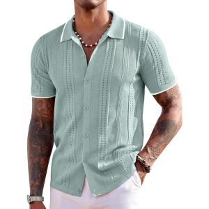 imageCOOFANDY Mens Knit Shirts Short Sleeve Button Down Polo Shirt Fashion Casual Summer Beach ShirtsClassic Ice Green  White