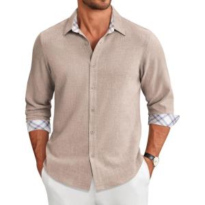 imageCOOFANDY Mens Long Sleeve Button Down Shirts Casual Untucked Shirt Regular Fit Dress ShirtKhaki