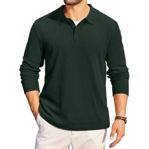imageCOOFANDY Mens Long Sleeve Polo Knit Polo Sweater Collared Pullover Casual Golf Polo SweaterEvergreen