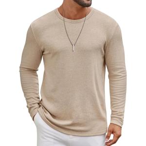 imageCOOFANDY Mens Long Sleeve Tee Shirts Crew Neck T Shirt Solid Casual Basic Tees Soft Stretch TShirtsLight Khaki