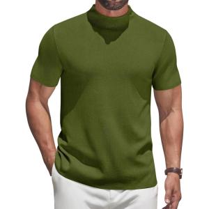 imageCOOFANDY Mens Mock Turtleneck Sweater Short Sleeve Casual Knitted TShirts Thermal Tops Solid Basic TeeArmy Green