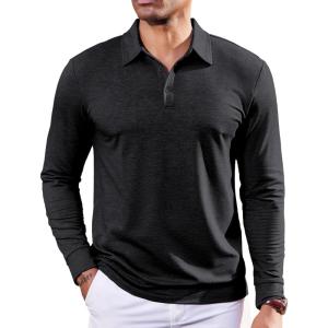 imageCOOFANDY Mens Polo Sweatshirts Long Sleeve Casual Lightweigt Polo Shirts Button Down Golf ShirtBlack