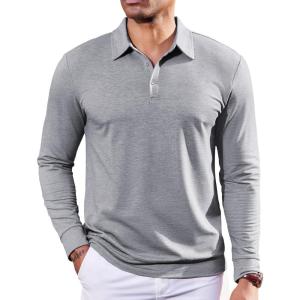 imageCOOFANDY Mens Polo Sweatshirts Long Sleeve Casual Lightweigt Polo Shirts Button Down Golf ShirtLight Grey