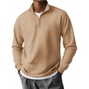 imageCOOFANDY Mens Quarter Zip Pullover Long Sleeve Casual 14 Zip Sweatshirt Lightweight Solid Mock Neck Sweater PoloKhaki