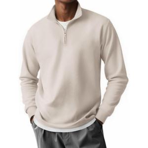 imageCOOFANDY Mens Quarter Zip Pullover Long Sleeve Casual 14 Zip Sweatshirt Lightweight Solid Mock Neck Sweater PoloLight Khaki