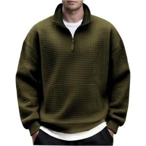 imageCOOFANDY Mens Quarter Zip Pullover Long Sleeve Waffle Quilted Sweatshirt Casual Polo Sweaters with PocketArmy Green