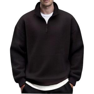imageCOOFANDY Mens Quarter Zip Pullover Long Sleeve Waffle Quilted Sweatshirt Casual Polo Sweaters with PocketBlack