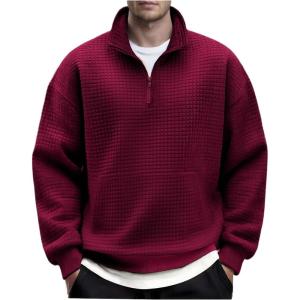 imageCOOFANDY Mens Quarter Zip Pullover Long Sleeve Waffle Quilted Sweatshirt Casual Polo Sweaters with PocketDark Red