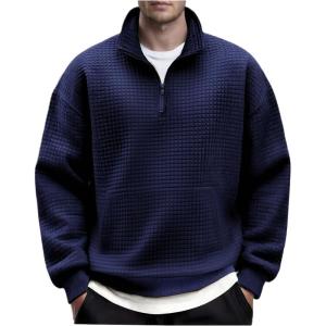 imageCOOFANDY Mens Quarter Zip Pullover Long Sleeve Waffle Quilted Sweatshirt Casual Polo Sweaters with PocketDeep Blue