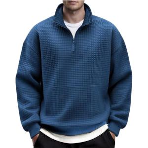 imageCOOFANDY Mens Quarter Zip Pullover Long Sleeve Waffle Quilted Sweatshirt Casual Polo Sweaters with PocketNavy Blue