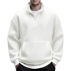 imageCOOFANDY Mens Quarter Zip Pullover Long Sleeve Waffle Quilted Sweatshirt Casual Polo Sweaters with PocketWhite