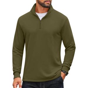 imageCOOFANDY Mens Quarter Zip Pullover Mock Neck Quilted Sweatshirt Lightweight Slim Fit Casual Long Sleeve Polo ShirtArmy Green
