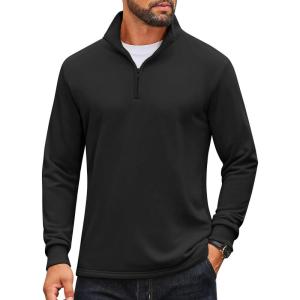 imageCOOFANDY Mens Quarter Zip Pullover Mock Neck Quilted Sweatshirt Lightweight Slim Fit Casual Long Sleeve Polo ShirtBlack