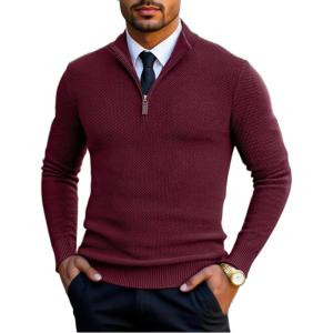 imageCOOFANDY Mens Quarter Zip Pullover Sweater Slim Fit Knit Mock Neck Polo SweatersDark Red