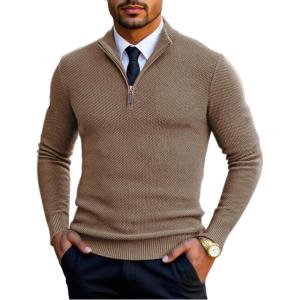imageCOOFANDY Mens Quarter Zip Pullover Sweater Slim Fit Knit Mock Neck Polo SweatersKhaki