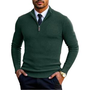 imageCOOFANDY Mens Quarter Zip Pullover Sweater Slim Fit Knit Mock Neck Polo SweatersLake Green