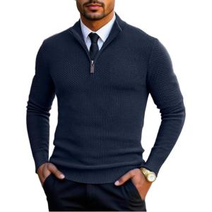imageCOOFANDY Mens Quarter Zip Pullover Sweater Slim Fit Knit Mock Neck Polo SweatersNavy Blue