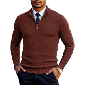 imageCOOFANDY Mens Quarter Zip Pullover Sweater Slim Fit Knit Mock Neck Polo SweatersTerracotta
