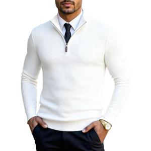 imageCOOFANDY Mens Quarter Zip Pullover Sweater Slim Fit Knit Mock Neck Polo SweatersWhite