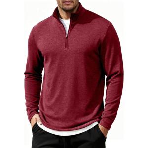 imageCOOFANDY Mens Quarter Zip Up Pullover Long Sleeve Sweatshirt Mock Neck Golf Polo SweaterWine Red