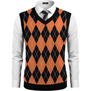 imageCOOFANDY Mens Sleeveless V Neck Pullover Sweater Slim Fit Casual Argyle Sweater VestBlackorange