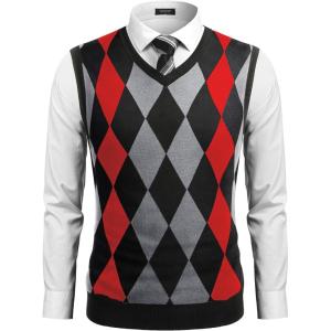 imageCOOFANDY Mens Sleeveless V Neck Pullover Sweater Slim Fit Casual Argyle Sweater VestBlackred