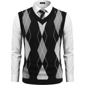 imageCOOFANDY Mens Sleeveless V Neck Pullover Sweater Slim Fit Casual Argyle Sweater VestGw262 Black and Gray Plaid