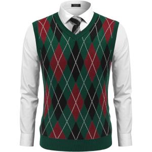 imageCOOFANDY Mens Sleeveless V Neck Pullover Sweater Slim Fit Casual Argyle Sweater VestGw345 Green and Black Plaid