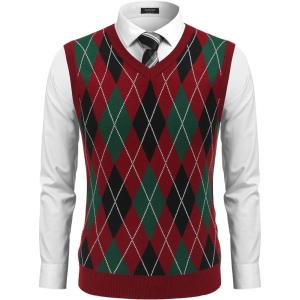 imageCOOFANDY Mens Sleeveless V Neck Pullover Sweater Slim Fit Casual Argyle Sweater VestGw346 Red and Black Plaid