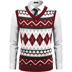 imageCOOFANDY Mens Sleeveless V Neck Pullover Sweater Slim Fit Casual Argyle Sweater VestGz981 Red and White Plaid