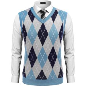 imageCOOFANDY Mens Sleeveless V Neck Pullover Sweater Slim Fit Casual Argyle Sweater VestLight Blue
