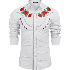 imageCOOFANDY Mens Western Cowboy Shirt Long Sleeve Slim Fit Rose Embroidered Cotton Casual Button Down ShirtsWhite Retro Rose