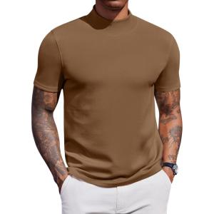 imageCOOFANDY Mock Turtleneck for Men Short Sleeve Casual Stylish Basic Top Stretch Sweater SkinFriendly MaterialBrown