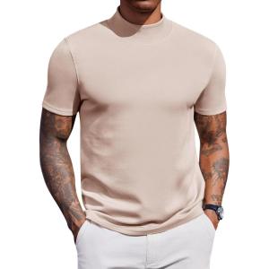 imageCOOFANDY Mock Turtleneck for Men Short Sleeve Casual Stylish Basic Top Stretch Sweater SkinFriendly MaterialKhaki
