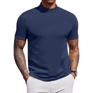 imageCOOFANDY Mock Turtleneck for Men Short Sleeve Casual Stylish Basic Top Stretch Sweater SkinFriendly MaterialNavy Blue