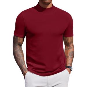 imageCOOFANDY Mock Turtleneck for Men Short Sleeve Casual Stylish Basic Top Stretch Sweater SkinFriendly MaterialWine Red