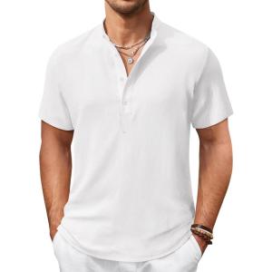 imageCOOFANDY Mens Casual Henley Shirt Short Sleeve Summer Shirts Linen Band Collar Summer Beach Hippie TShirts01white