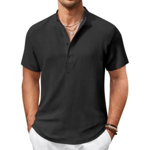 imageCOOFANDY Mens Casual Henley Shirt Short Sleeve Summer Shirts Linen Band Collar Summer Beach Hippie TShirtsBlack