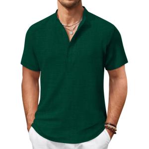 imageCOOFANDY Mens Casual Henley Shirt Short Sleeve Summer Shirts Linen Band Collar Summer Beach Hippie TShirtsDark Green