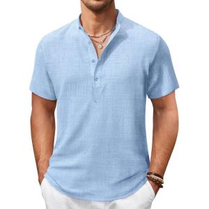 imageCOOFANDY Mens Casual Henley Shirt Short Sleeve Summer Shirts Linen Band Collar Summer Beach Hippie TShirtsLight Blue