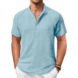 imageCOOFANDY Mens Casual Henley Shirt Short Sleeve Summer Shirts Linen Band Collar Summer Beach Hippie TShirtsLight Ice Blue