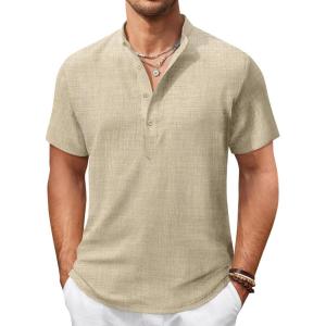 imageCOOFANDY Mens Casual Henley Shirt Short Sleeve Summer Shirts Linen Band Collar Summer Beach Hippie TShirtsLight Khaki